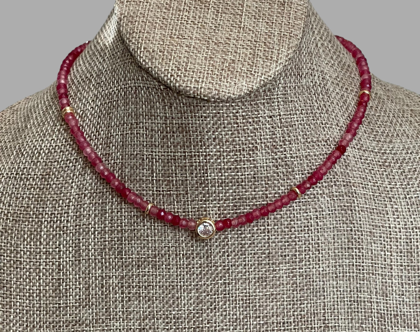 A Little Luxe Necklaces: Various natural stones in many colors, faceted, with a Bezel set Cubic Zirconia centerpiece