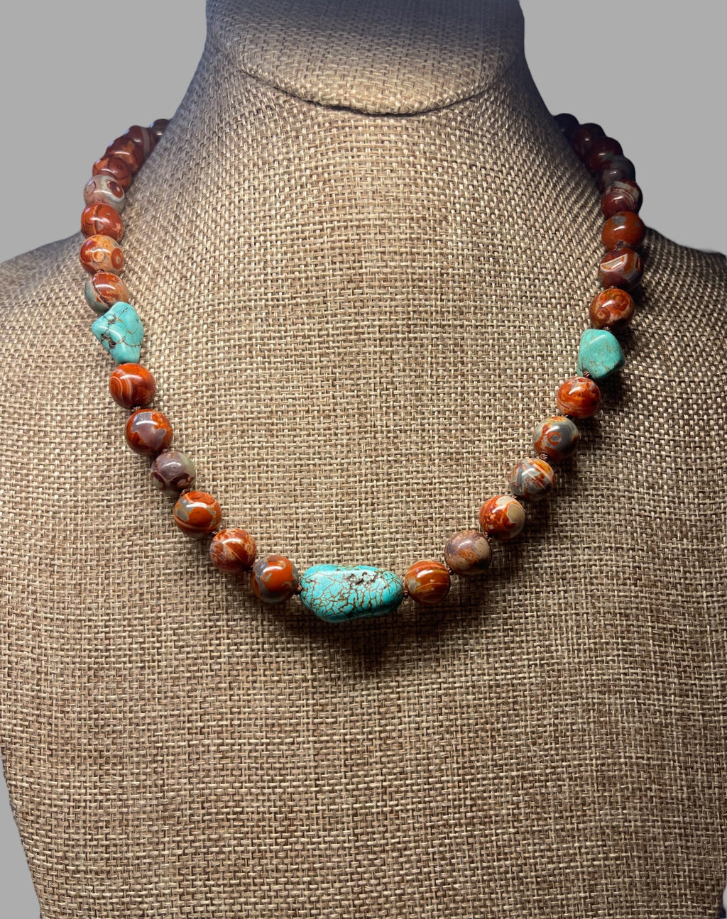 Red Copper & Turquoise Necklace: Hand knotted on brown silk, Natural Agate beads and rustic Turquoise, Gold Toggle clasp OOAK