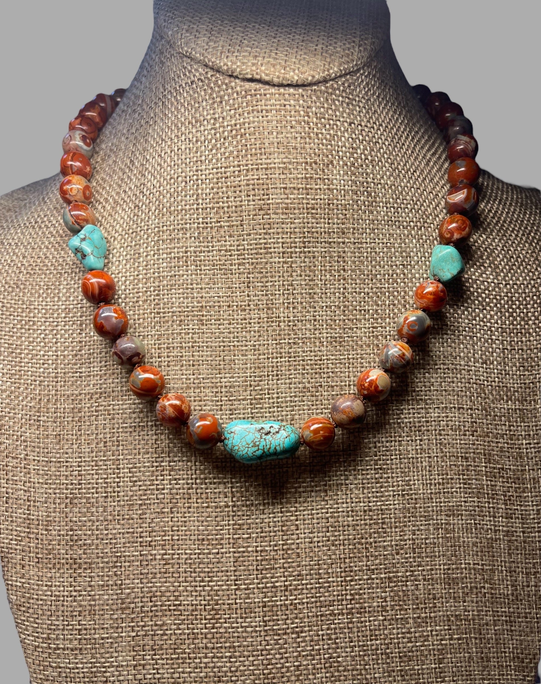 Red Copper & Turquoise Necklace: Hand knotted on brown silk, Natural Agate beads and rustic Turquoise, Gold Toggle clasp OOAK
