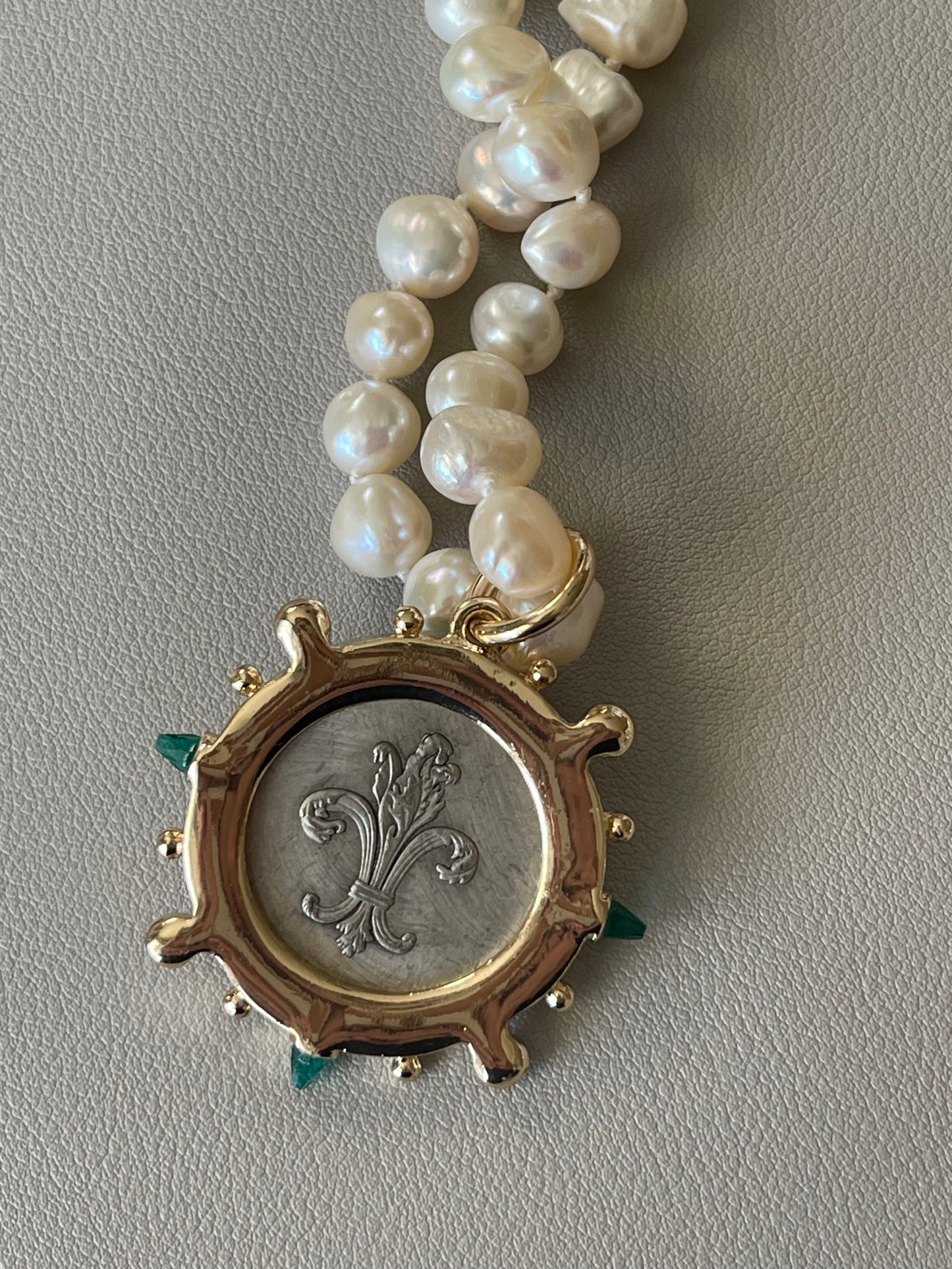 Oui Madame Necklace: Hand Knotted Freshwater Pearls Gold Bean Clasp French Coin Charm w Blue&Green Accents