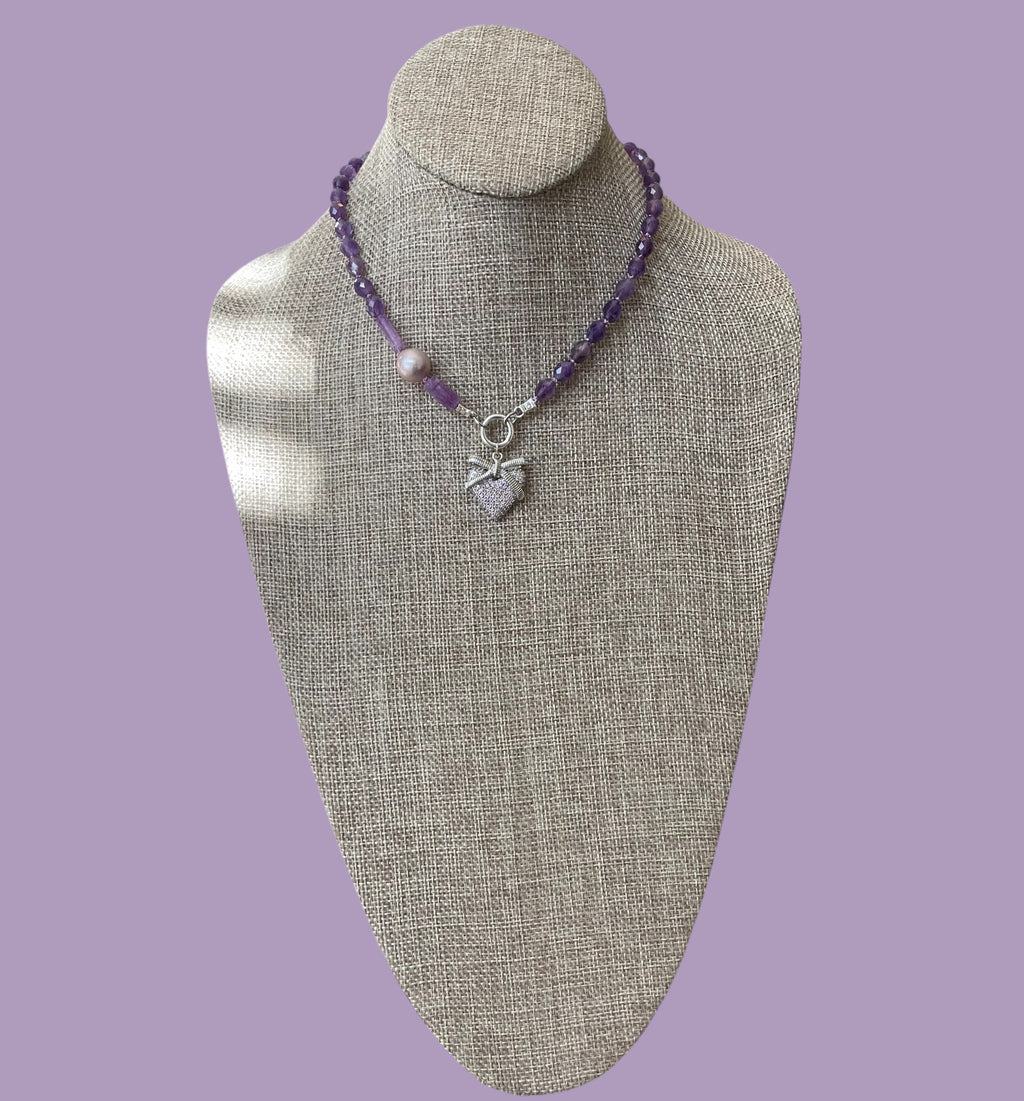 The Amelia Necklace OOAK: Faceted Amethyst hand knotted with a lavender Edison Pearl & pavé heart Silver accents