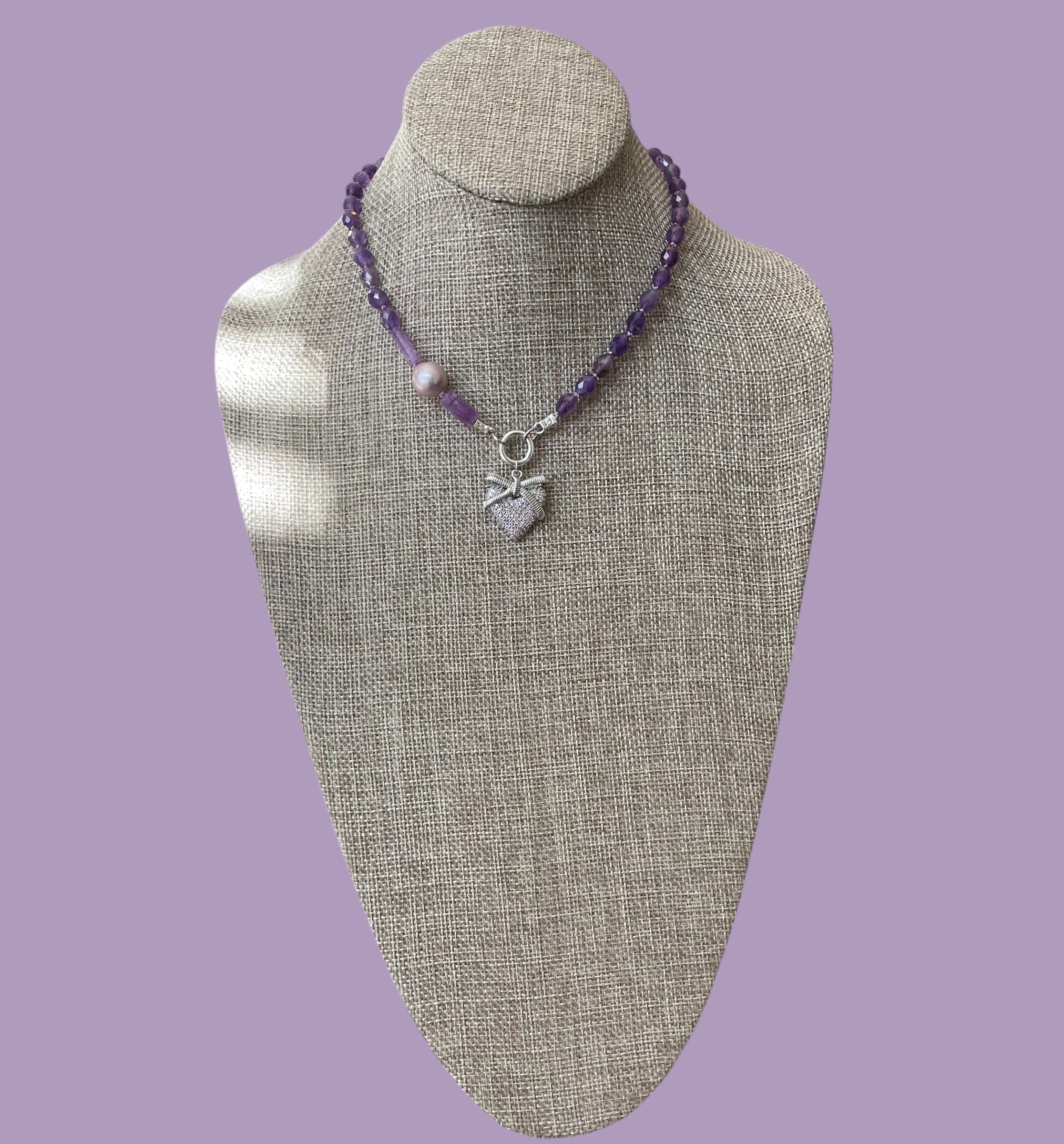 The Amelia Necklace OOAK: Faceted Amethyst hand knotted with a lavender Edison Pearl & pavé heart Silver accents