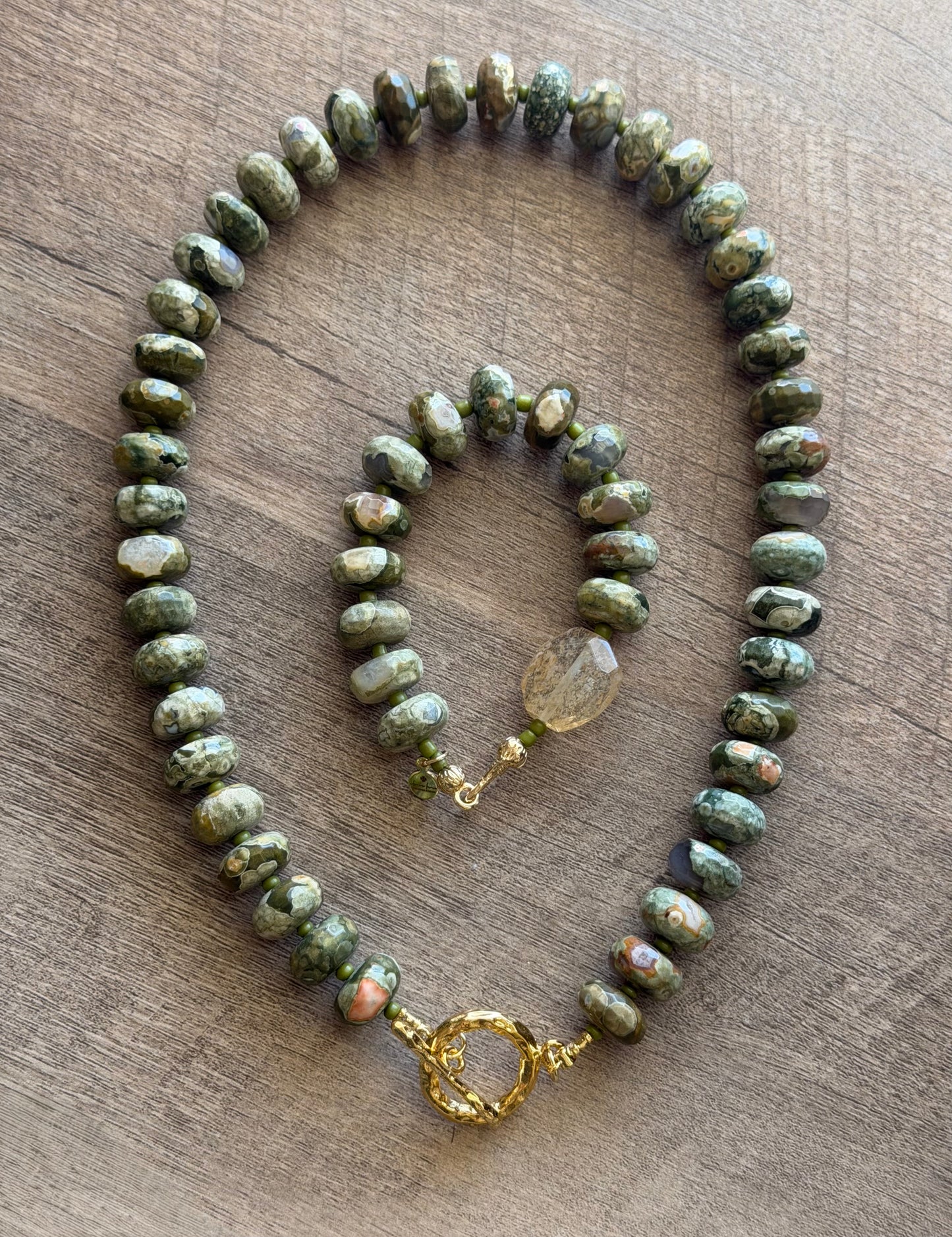 Queensland Rhyolite aka Australian Rainforest Jasper Necklace: Stunning Gemstone beads•Textured gold toggle clasp