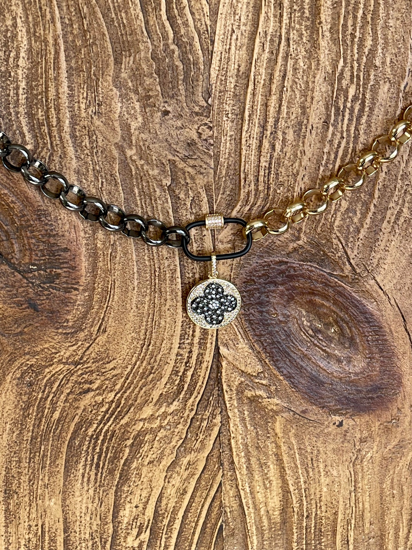 Clover Flower Necklace: Deep Gunmetal and Gold Rolo chain with black carabiner sporting a pavé charm OOAK