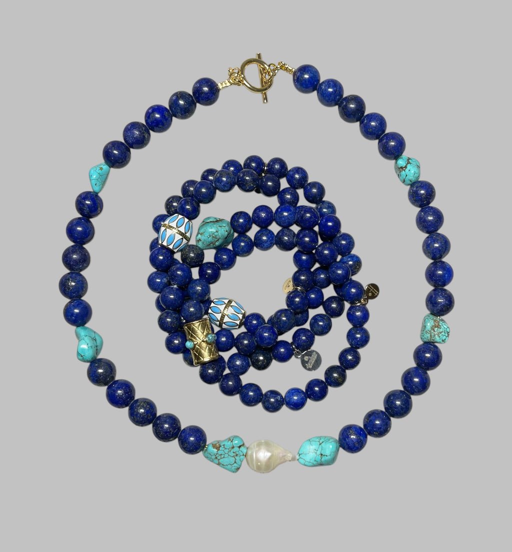 Deep Sea Muse: AAA quality Lapis Lazuli beads with Turquoise and a freshwater baroque pearl center OOAK