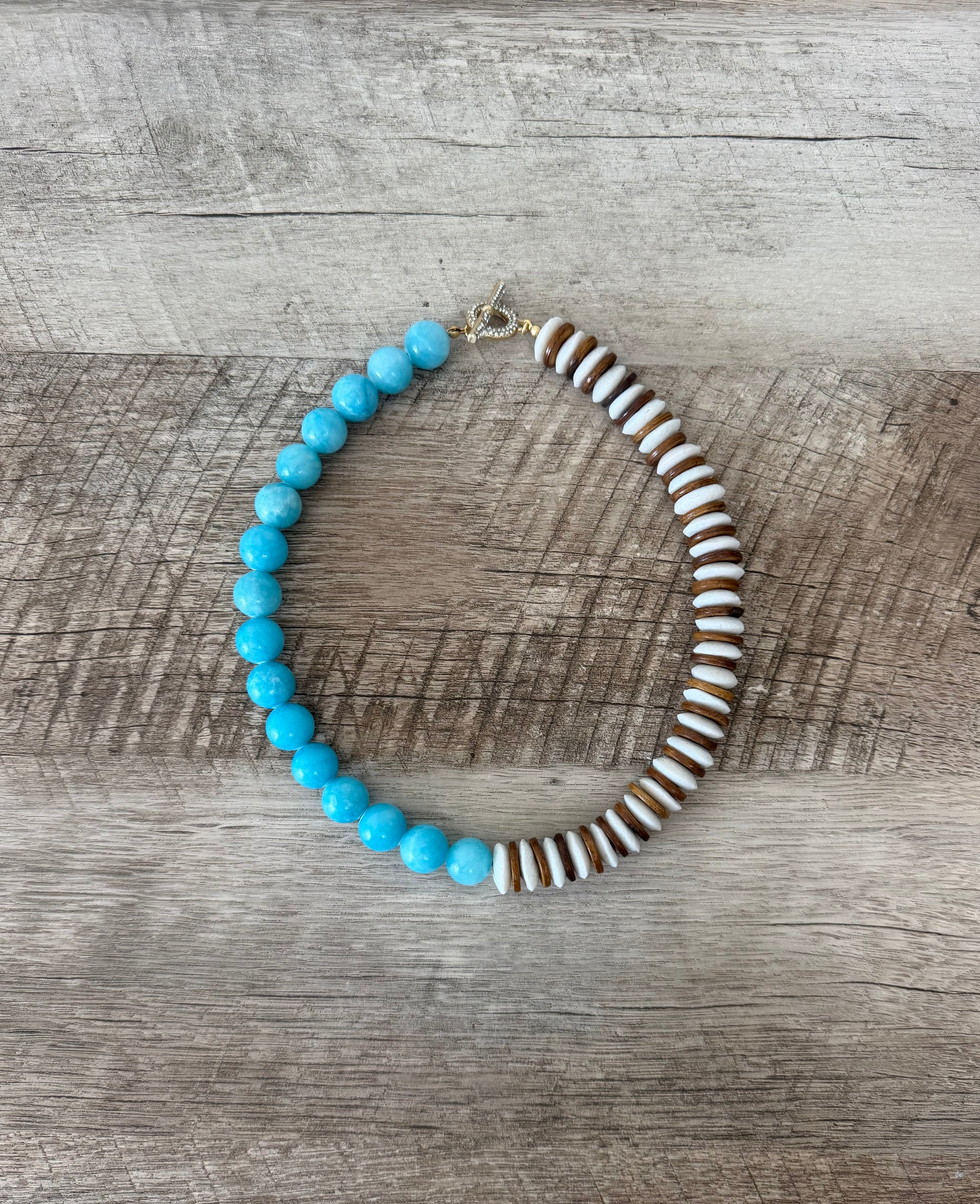 Sky & Timber Necklace: Ashanti glass, wood, and Jade with gold pavé clasp