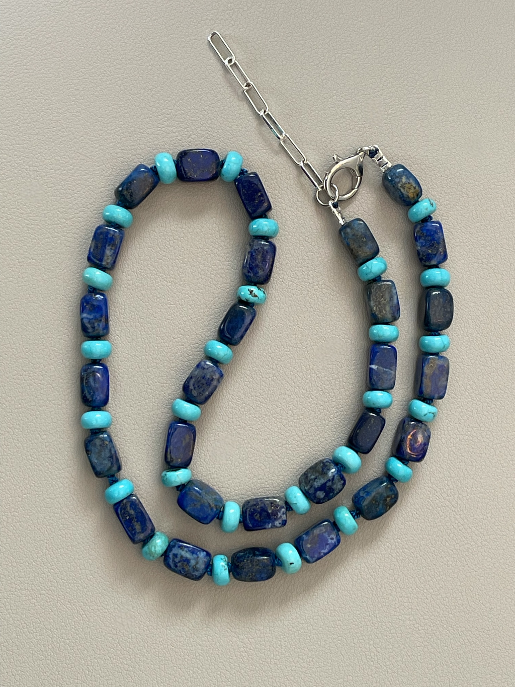 The Catherine Necklace: Gorgeous Lapis Lazuli barrel shaped beads hand knotted on silk w Turquoise accent beads Silver clasp
