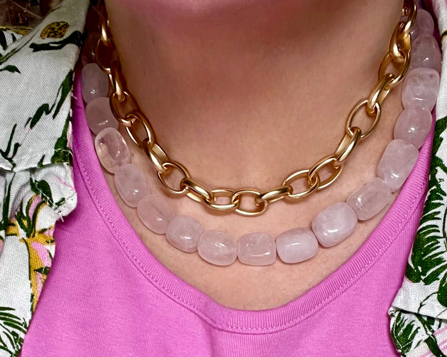 The Six Way Necklace: Rose Quartz and Brushed Gold Chain Duo with Greek Three Graces Replica Coin Pendant