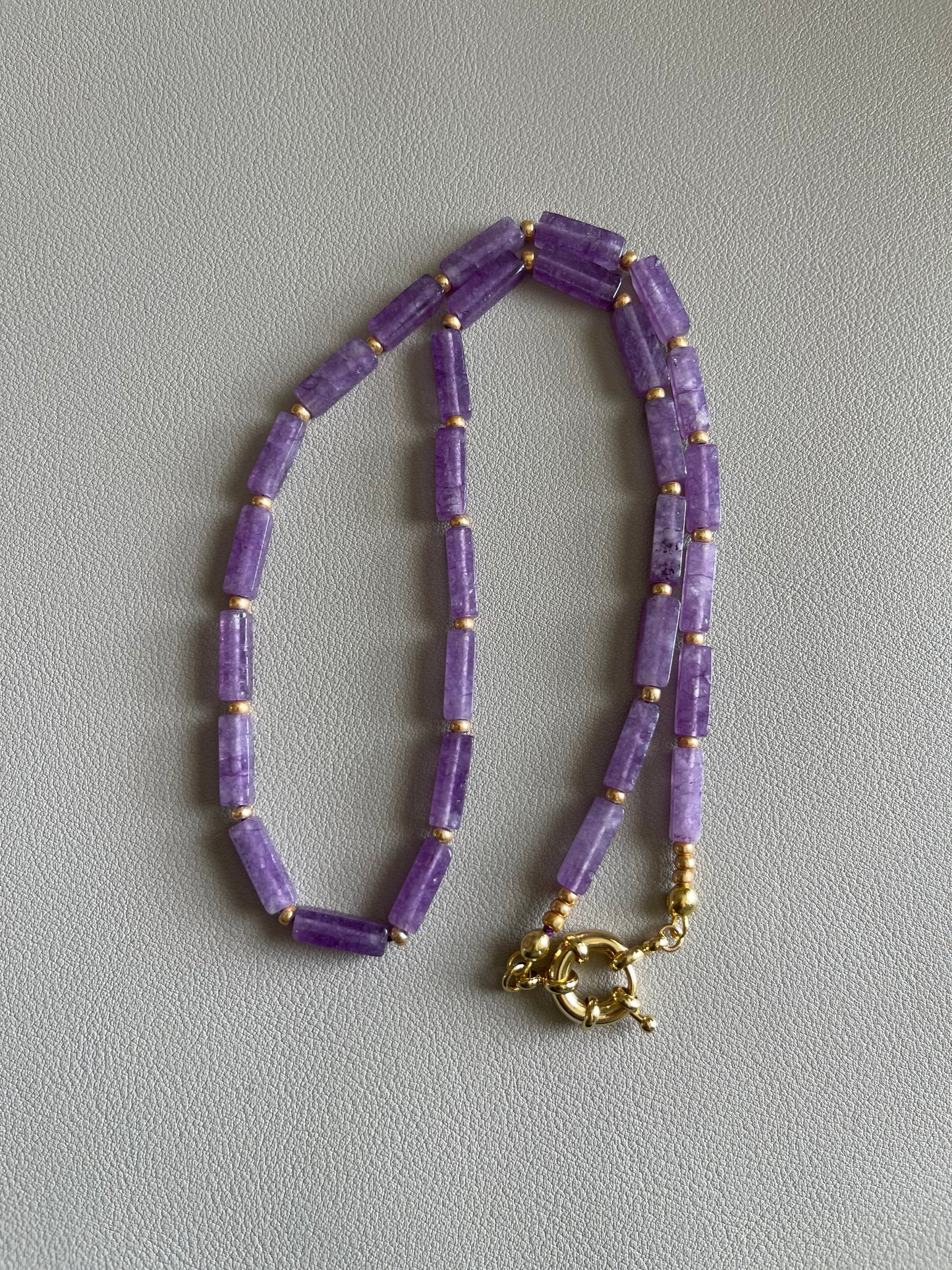 OOAK Amethyst Tube Shaped Beads with Gold Accents Necklace Strung on silk