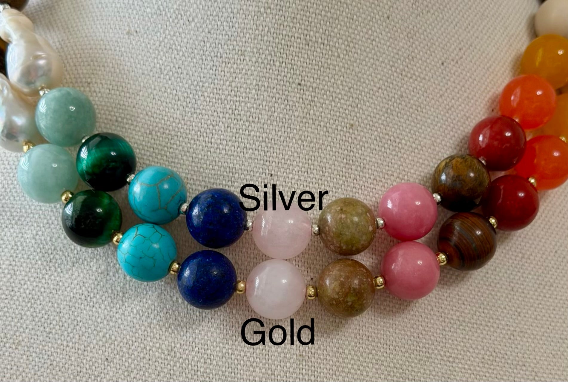 The Storyteller Necklace: Multi-Color Gemstones with a Baroque Pearl