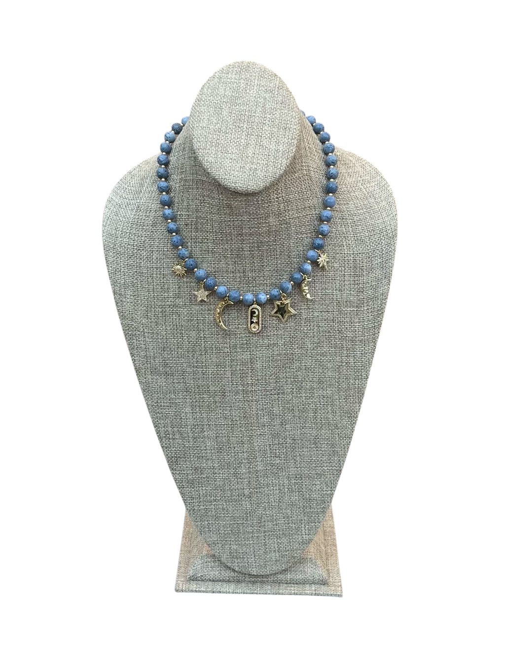 The Celestial Necklace: Indonesian Coral beads perfect for essential oil diffusing, Gold charms with CZ accents
