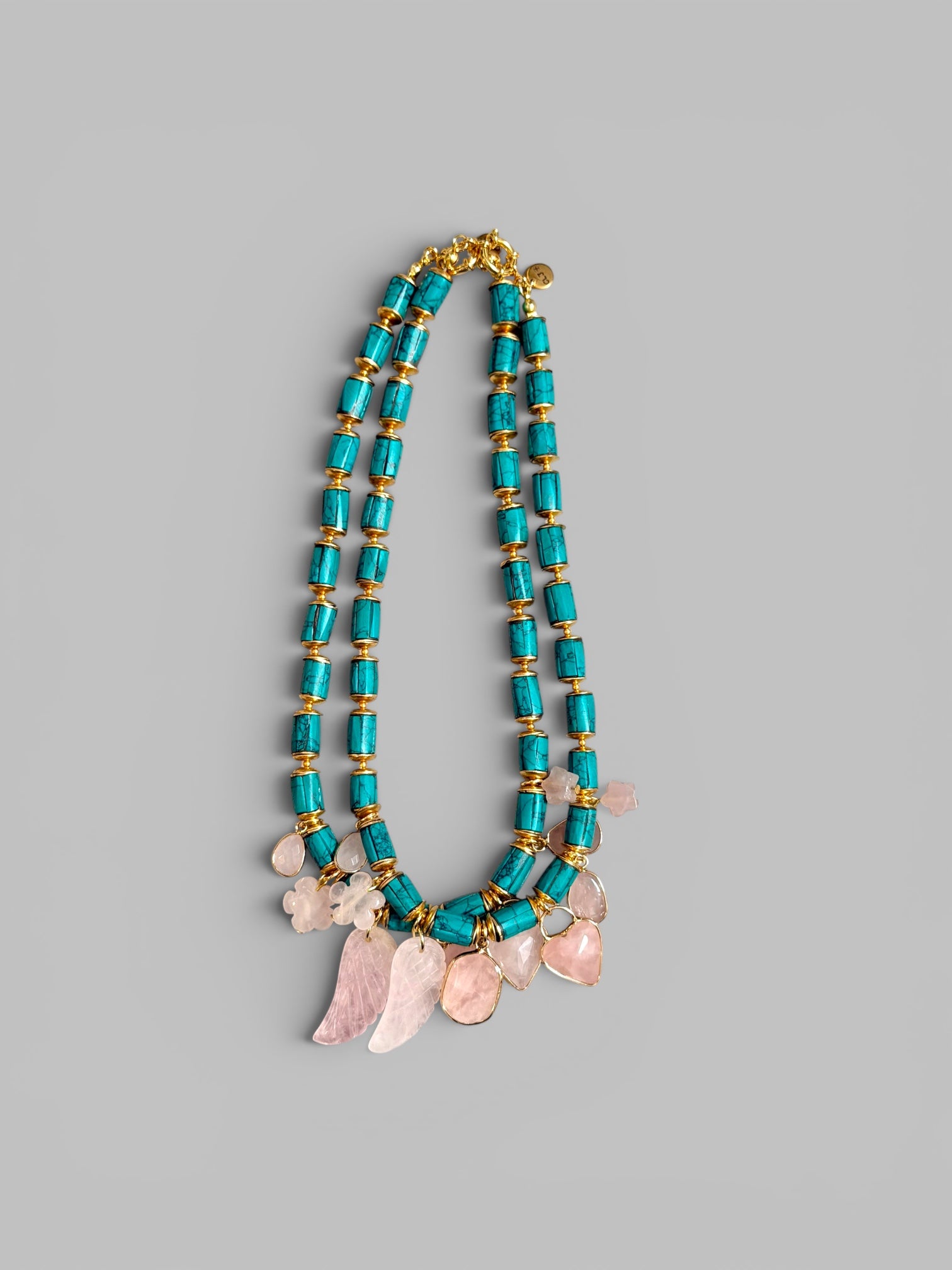 Good Fortune Necklace: Inlaid Turquoise with Rose Quartz Charms