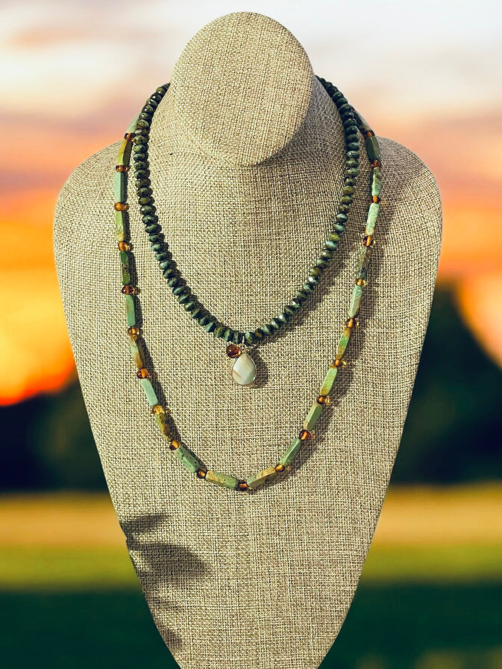 Verdant Glow Necklace: Turquoise and Baltic Amber stone with gold toggle clasp