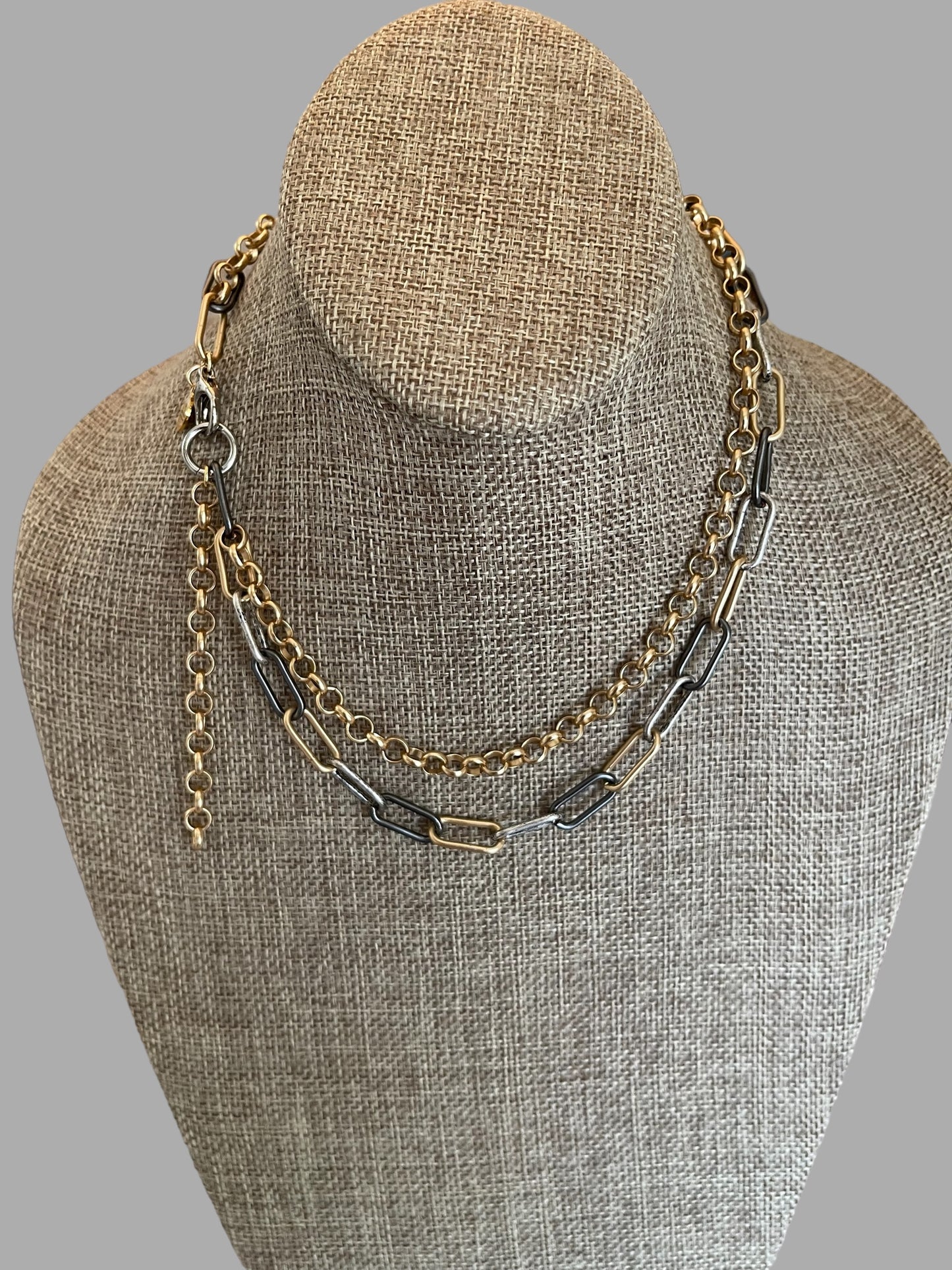 Double Chain Layering Necklace: A brushed gold Rolo chain and a Tri-tone Paperclip chain