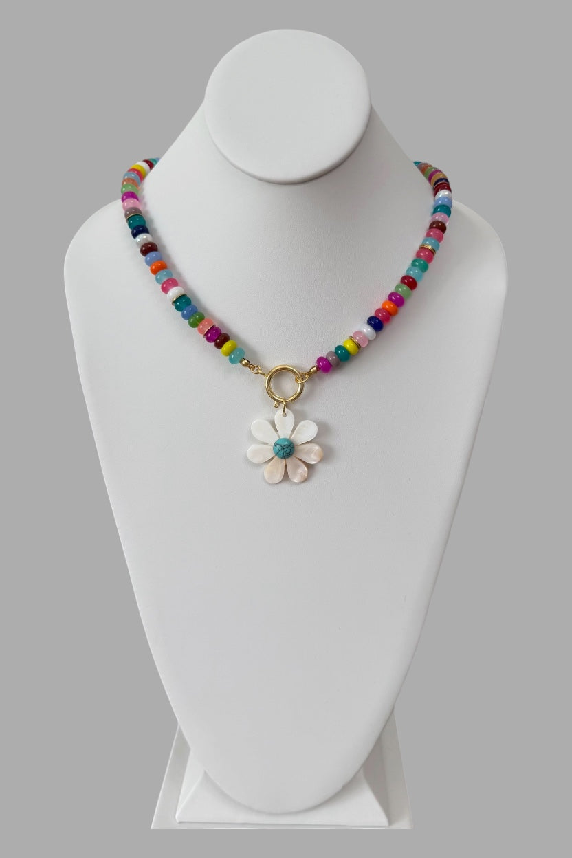 Happy Bloom Necklace: Mixed Gemstones & Glass beads Mother of Pearl Pendant