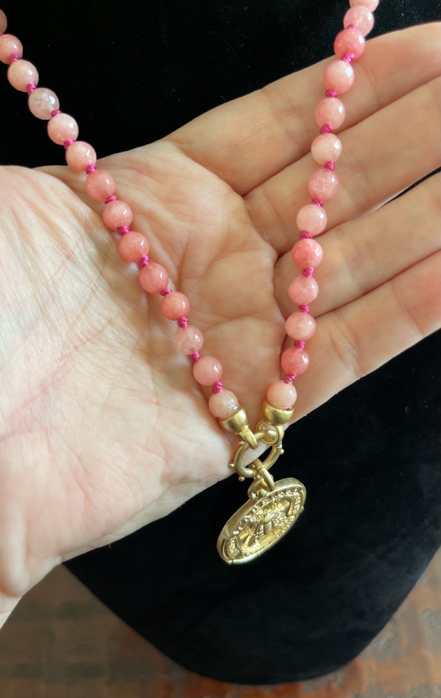 Janet Ann Necklace: Hand-knotted Dark Peach Agate beads w Gold French Replica Bee Coin Pendant