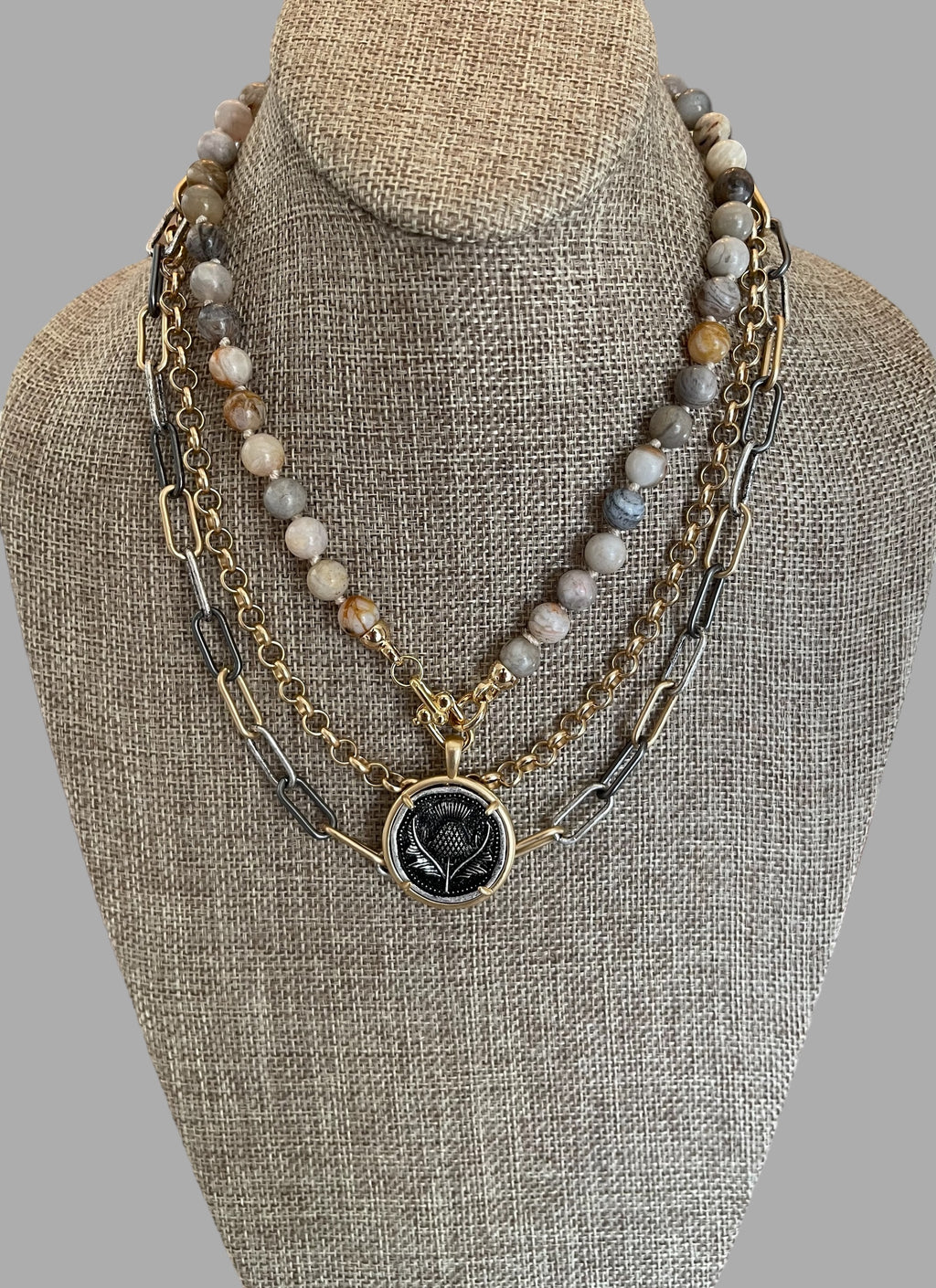 Gold Thistle Necklace: Hand-knitted Bamboo Agate Beads w Gold Filled Trigger Clasps and Thistle Coin Pendant