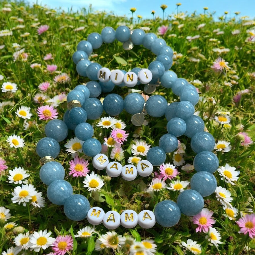 Mama & Mini Bracelets: Blue Jade round bead stretch bracelets Gold accents