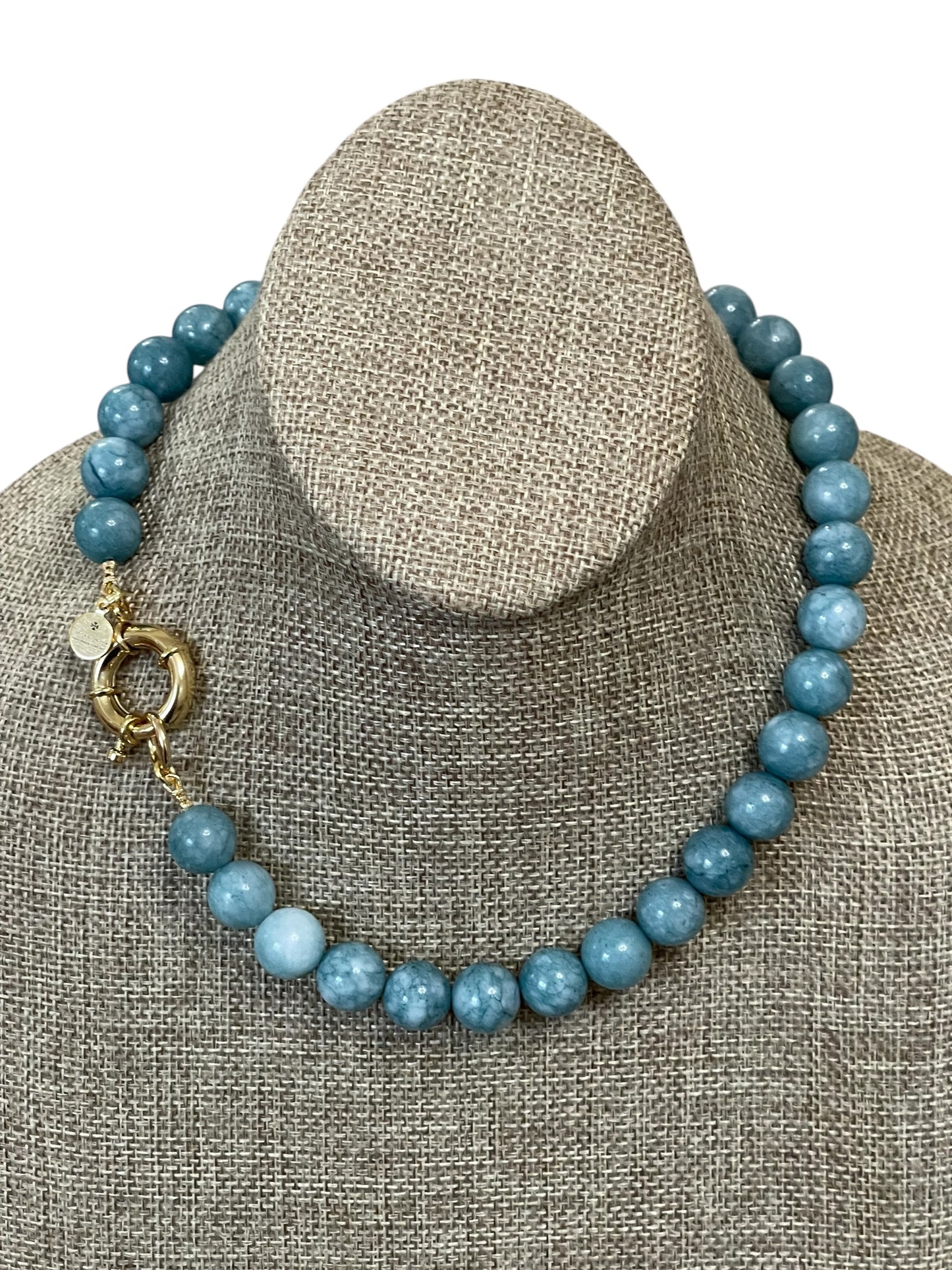 Blue Haven Necklace: Blue Jade gemstone 12mm beads Gold Nautical clasp OOAK