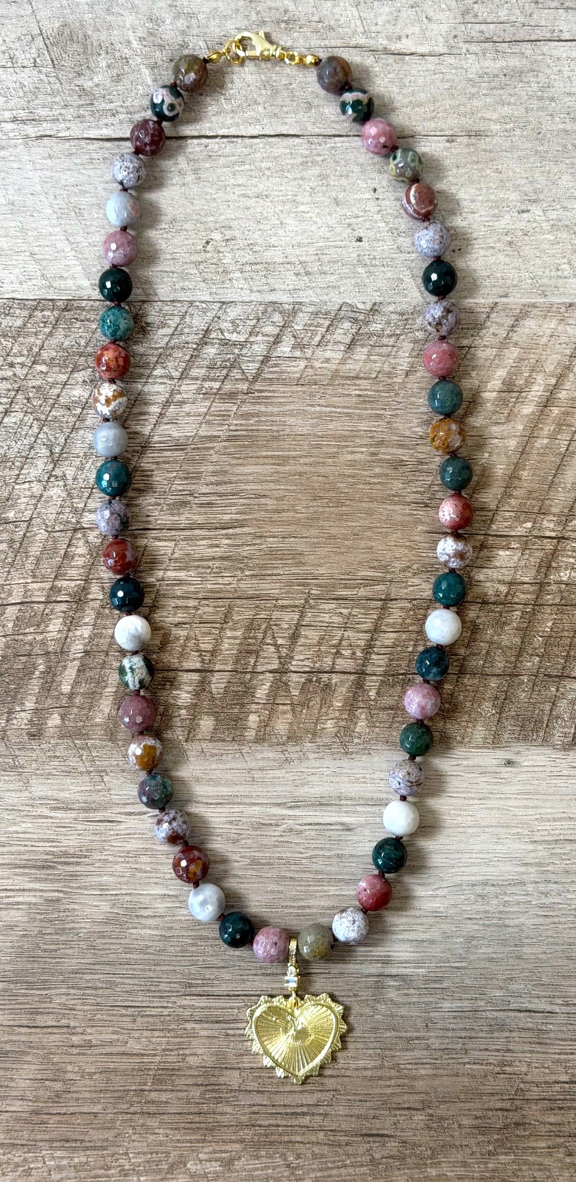 Heart & Soul Necklace: Faceted Ocean Jasper handknotted on deep burgundy. Removable gold heart