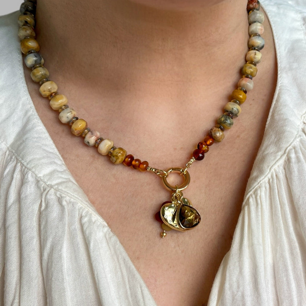 Autumn’s Embrace Necklace: Crazy Lace Agate natural stones in warm tones, Accented w Czech glass, Baltic stones and Gold charms