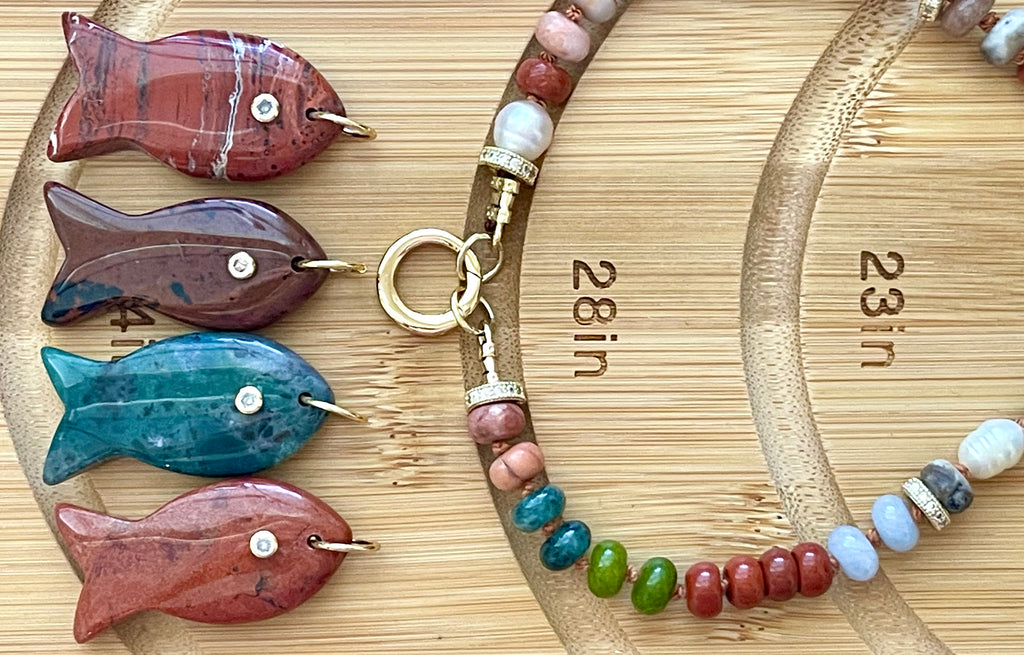Reel Beauty 🎣 Mixed Gemstone necklace with Gold accents Gemstone fish pendant 4 options