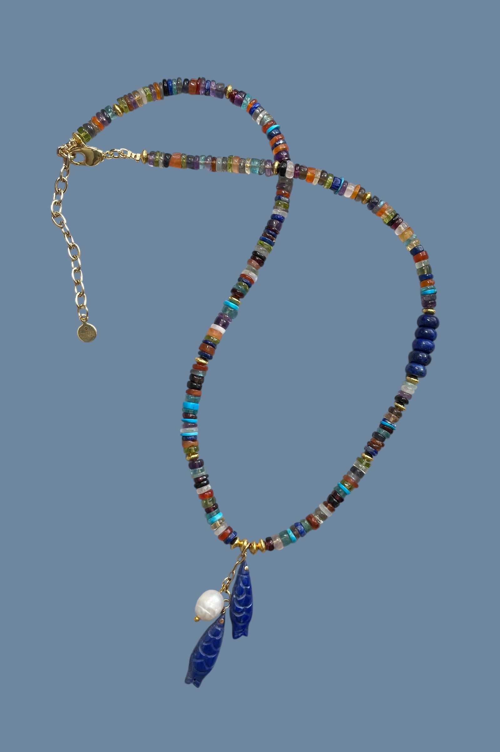 Catch O’ the Day Necklace: Mixed Multi Gemstones w Lapis & gold accents Lapis fish & Pearl Charms OOAK