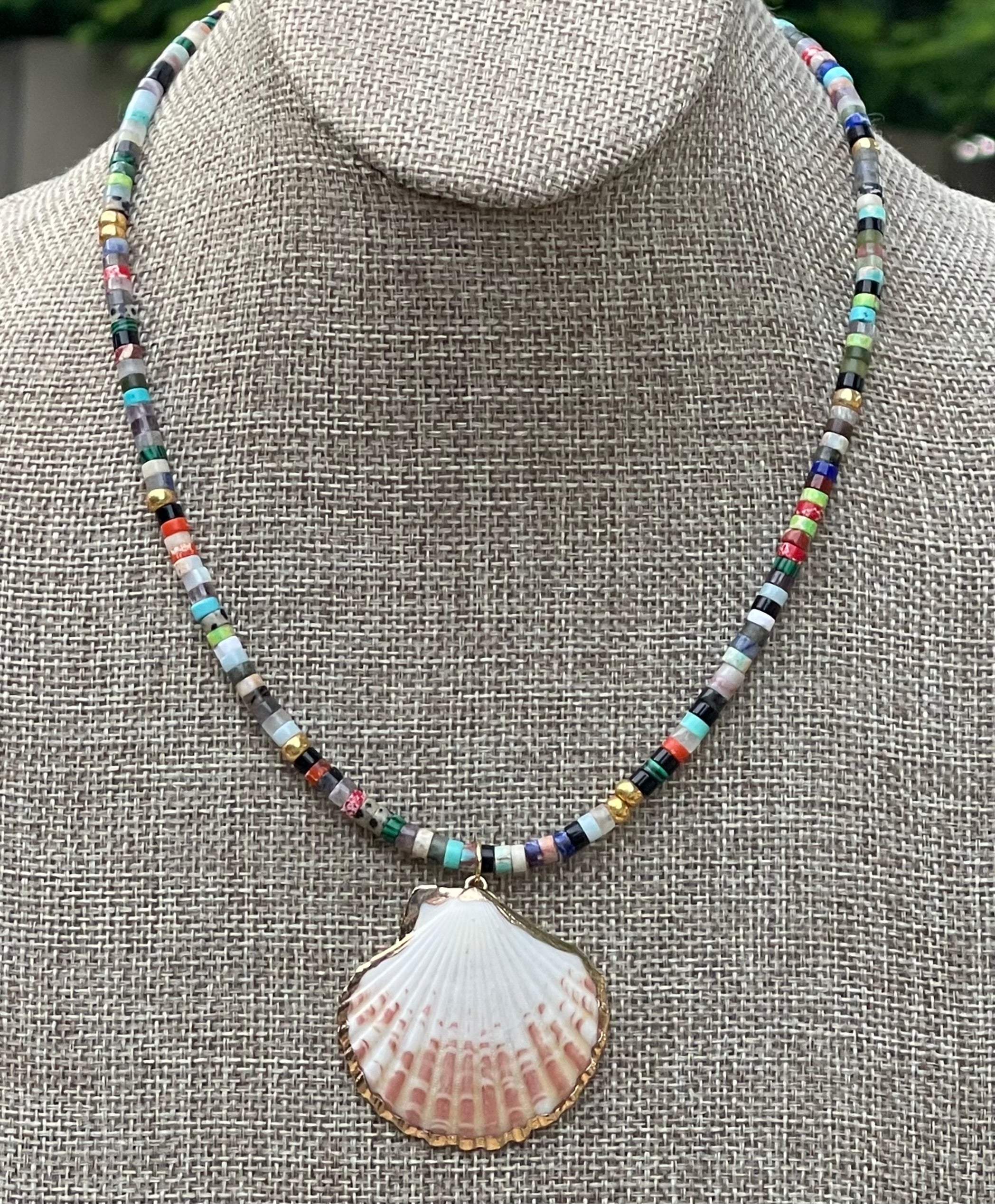 Multi Gem Seashell Necklace: Large variety of natural gemstone beads gold accents Natural seashell pendant