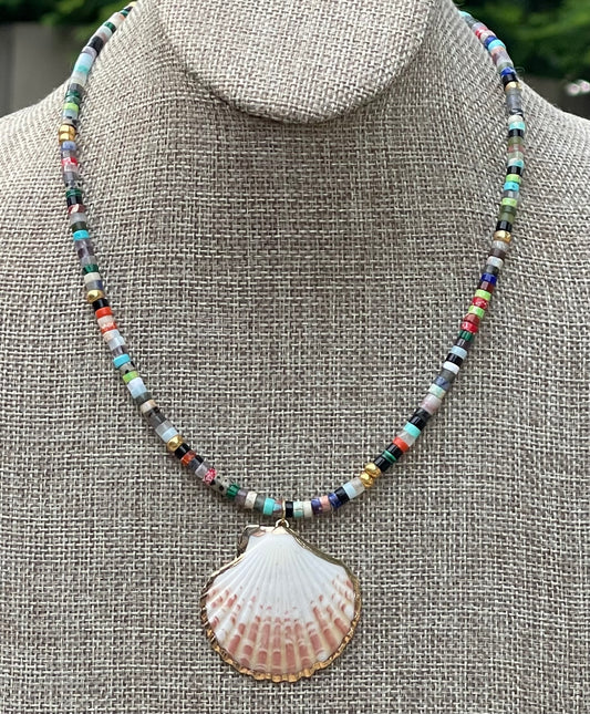 Multi Gem Seashell Necklace: Large variety of natural gemstone beads gold accents Natural seashell pendant