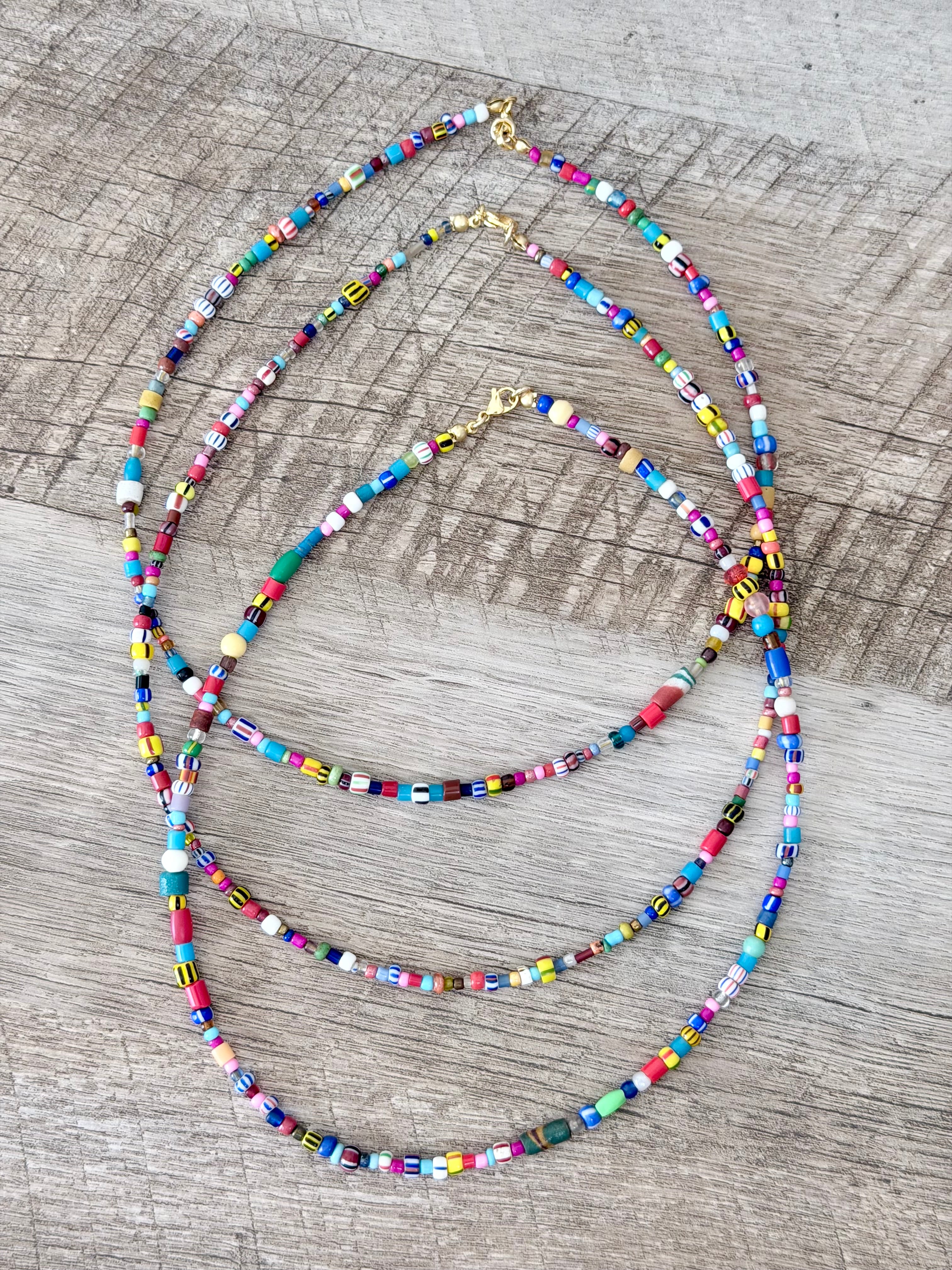 Serendipity Necklace: Mixed glass & Ceramic beads Gold clasp