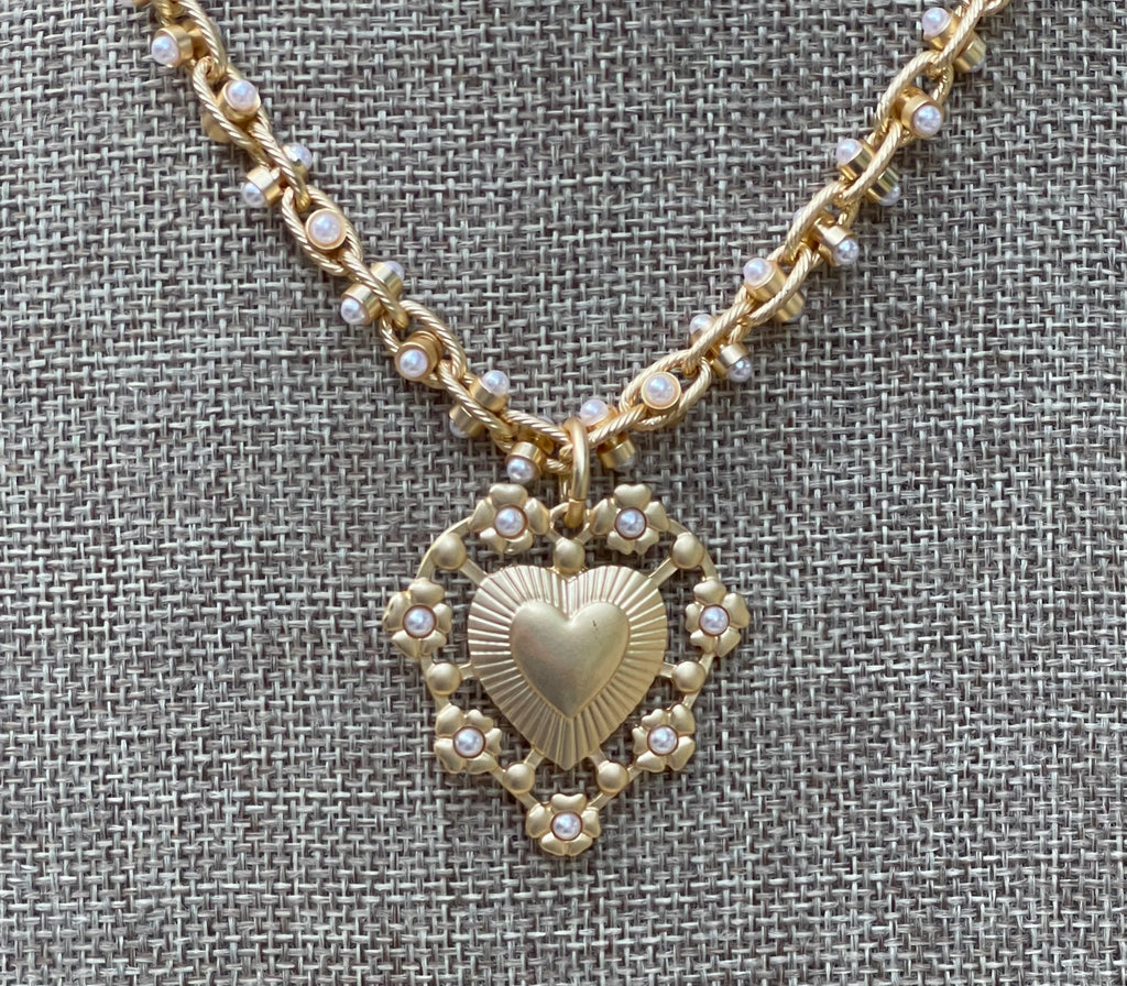 Bold Bijoux in Gold Necklace: Matte gold throughout Tiny pearls Statement heart