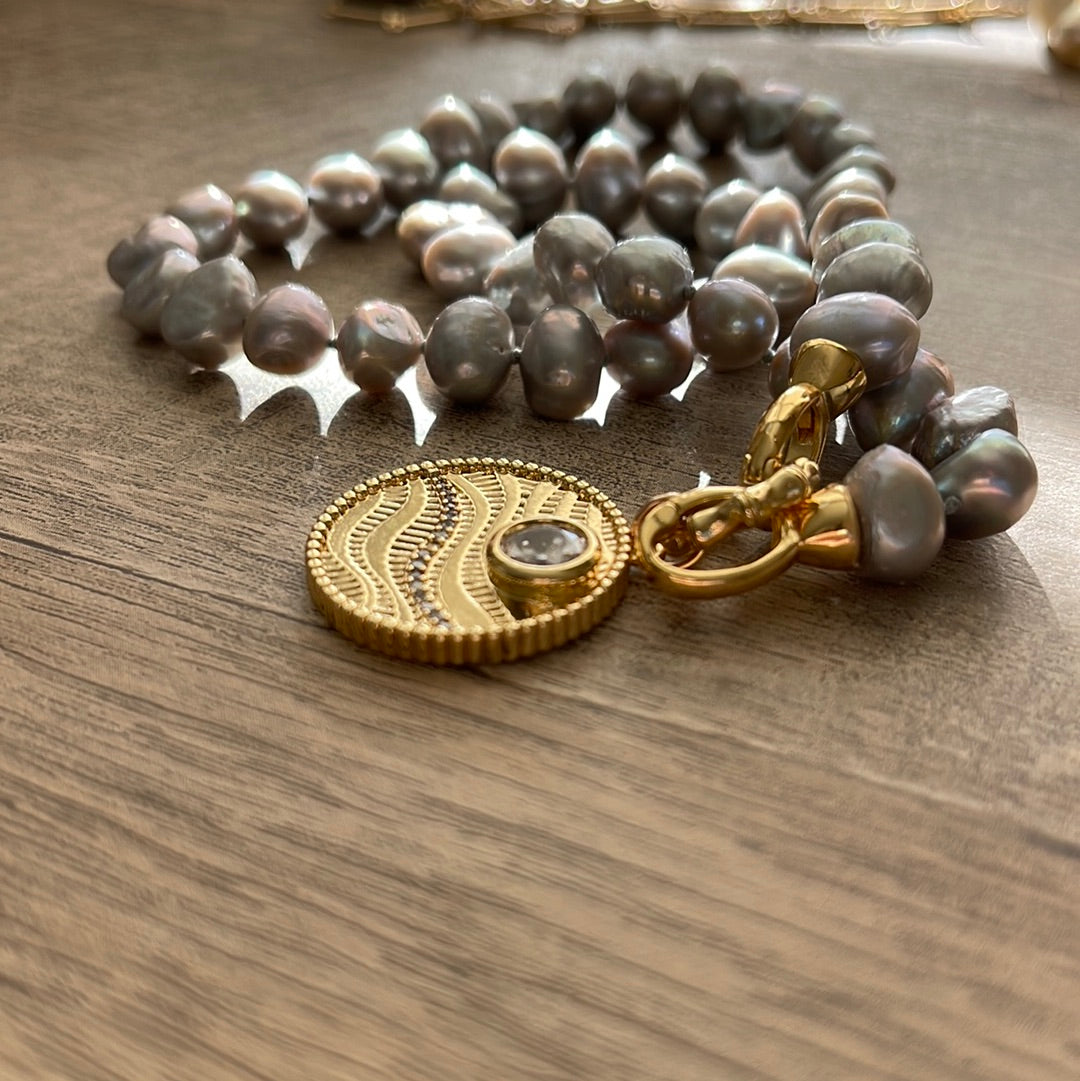 Sunny Day On The Ocean Necklace: One of a Kind Silver Gray Pearls Hand Knotted with Gold Filled Clasp and Charm