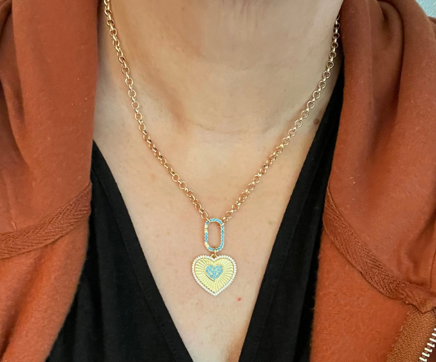 Touch of Turquoise Necklace: Gold Plated Rolo Chain with a GP Turquoise Center Heart Charm