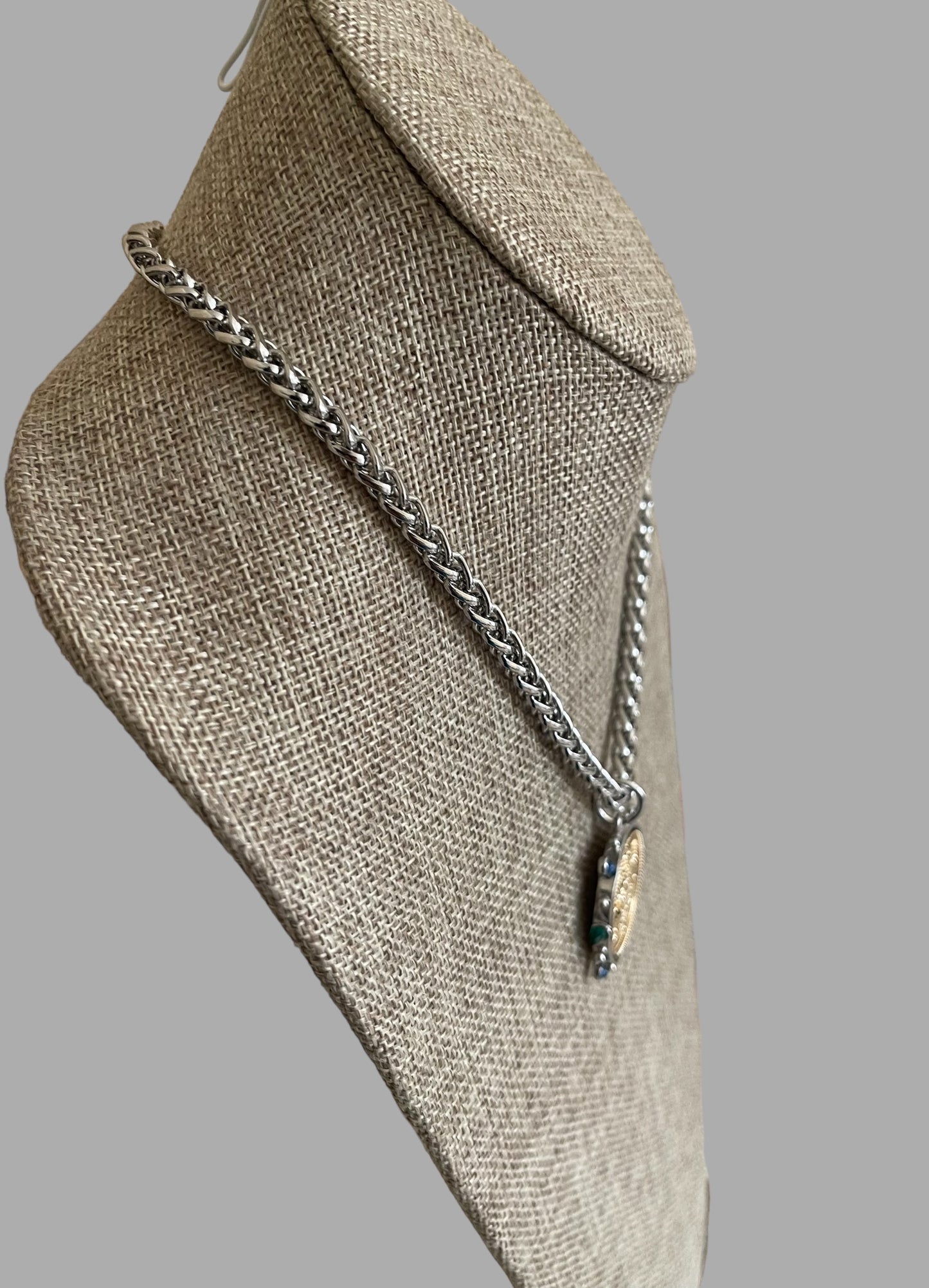 Le Monde Necklace: Rhodium Silver Wheat Chain with Silver & Gold French Replica Coin Pendant