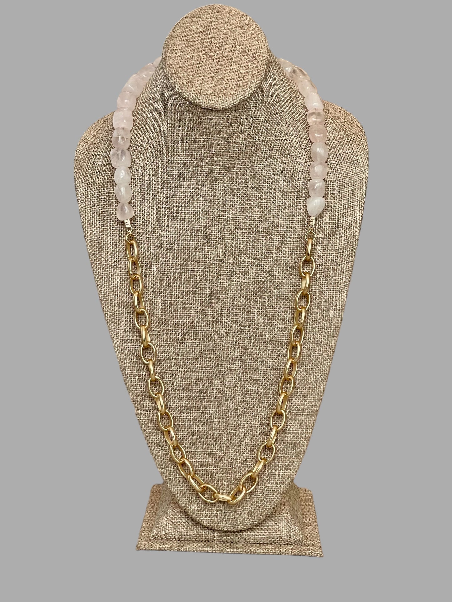 The Six Way Necklace: Rose Quartz and Brushed Gold Chain Duo with Greek Three Graces Replica Coin Pendant