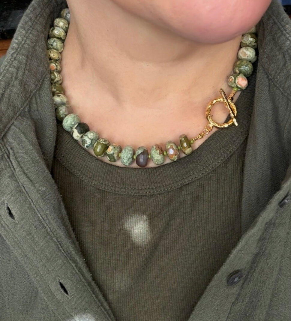 Queensland Rhyolite aka Australian Rainforest Jasper Necklace: Stunning Gemstone beads•Textured gold toggle clasp