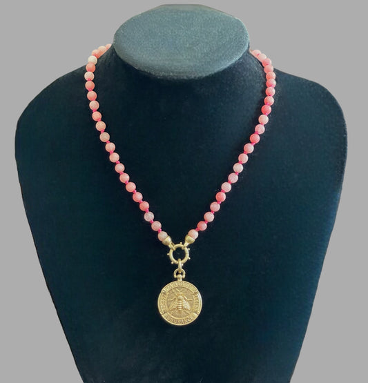 Janet Ann Necklace: Hand-knotted Dark Peach Agate beads w Gold French Replica Bee Coin Pendant