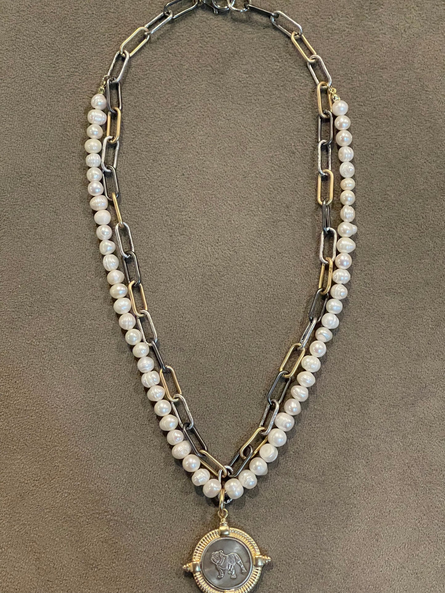 The Ugga Necklace: Pearl & Tri-tone chain (Gold Silver Gunmetal) with a beautiful gold and pewter Bulldog pendant, accented with hand-knotted authentic freshwater Pearls Lobster clasp