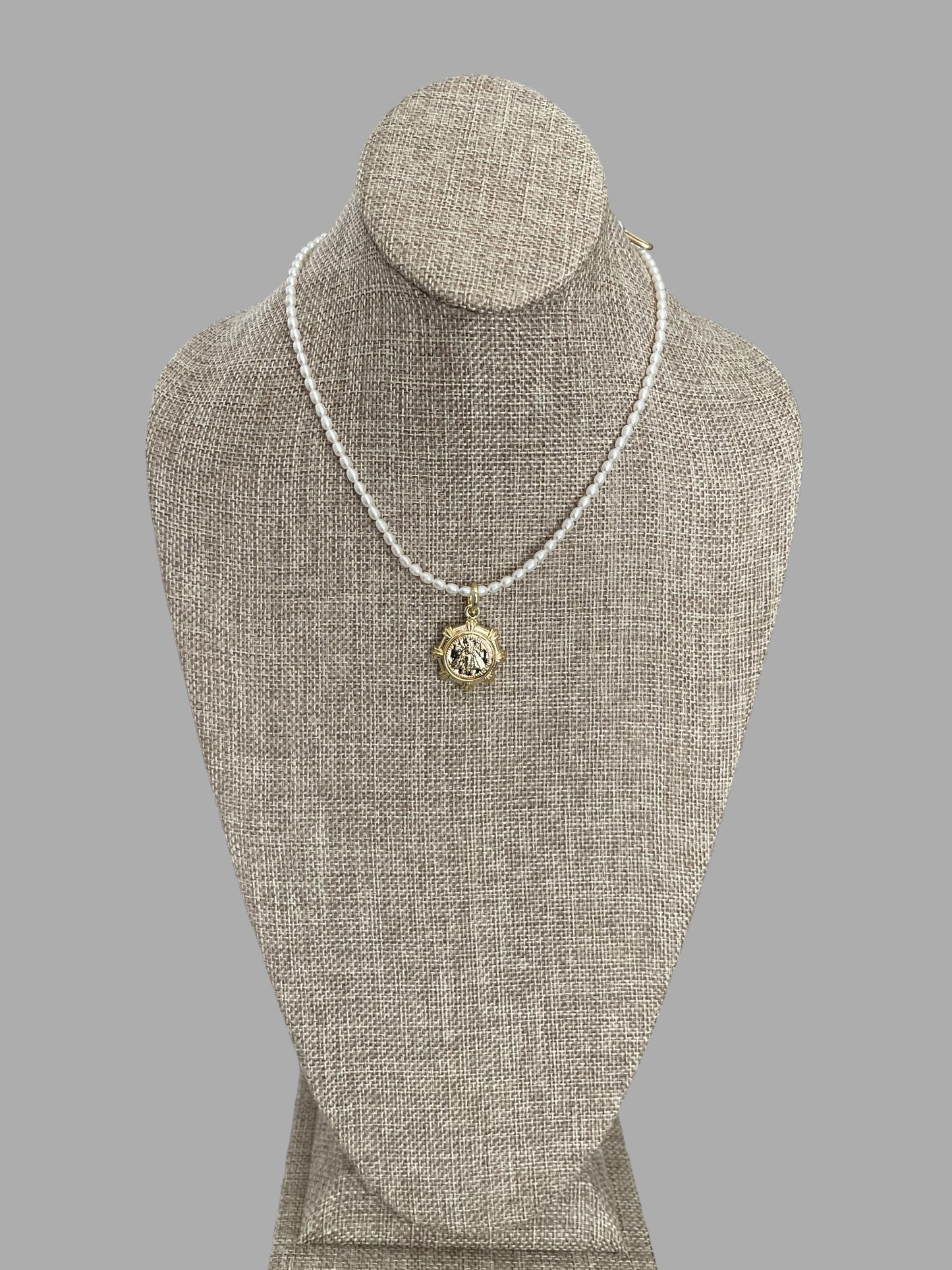 Bee Happy Necklace: Freshwater Pearls and a gold French bee coin replica pendant