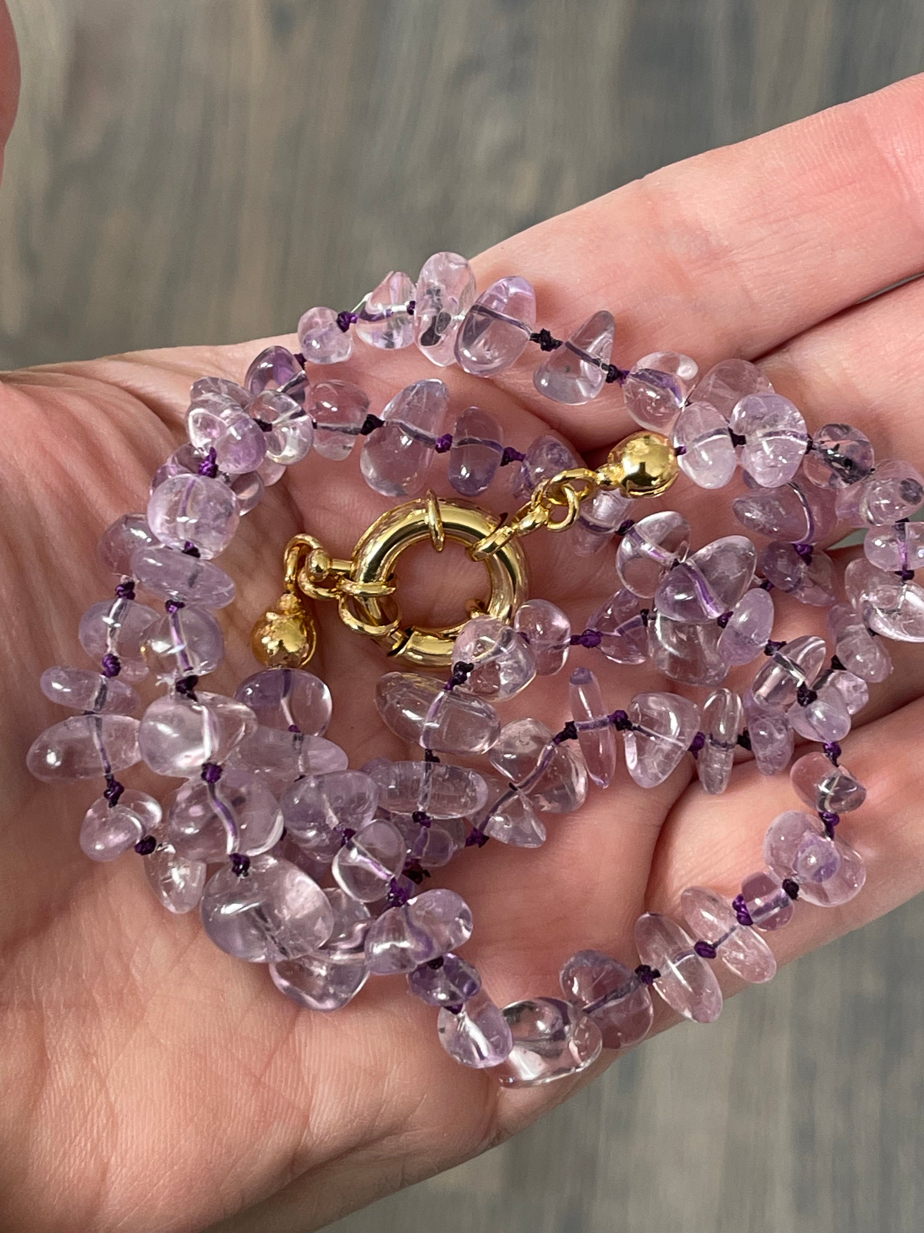 OOAK Hand-knotted Amethyst Nugget Style beaded Necklace on Purple Silk