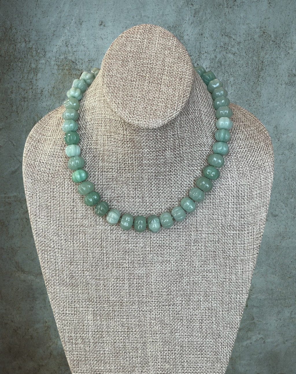 Sage Serenade Necklace OOAK: Sage green hand carved gemstones Hand-knotted on silk