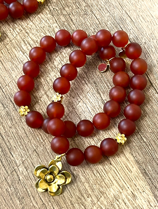 Matte Carnelian Stretch Bracelet Set: 2 bracelets with antiqued gold accents
