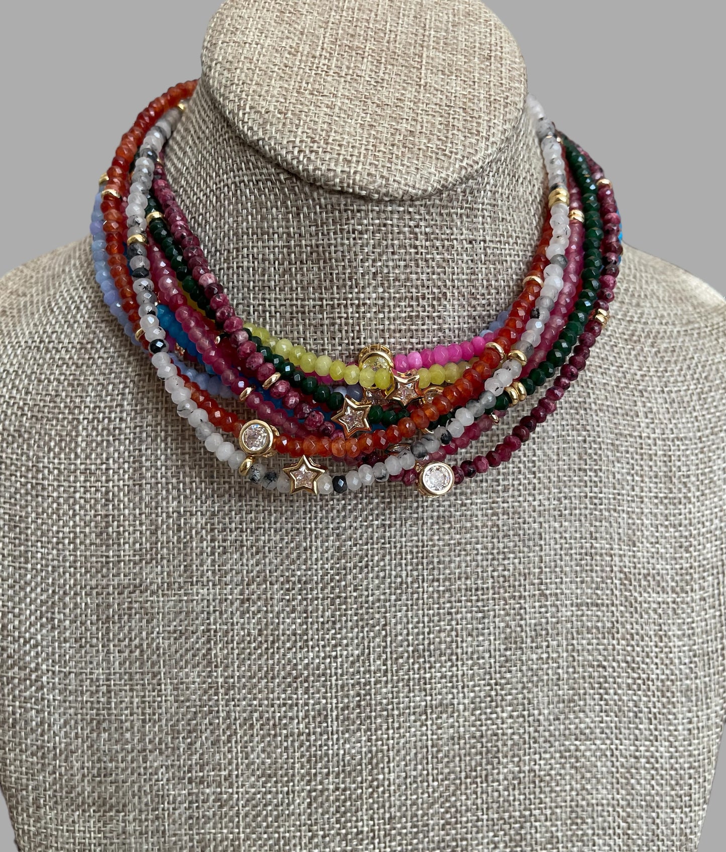 A Little Luxe Necklaces: Various natural stones in many colors, faceted, with a Bezel set Cubic Zirconia centerpiece