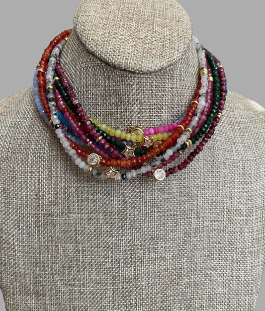 A Little Luxe Necklaces: Various natural stones in many colors, faceted, with a Bezel set Cubic Zirconia centerpiece