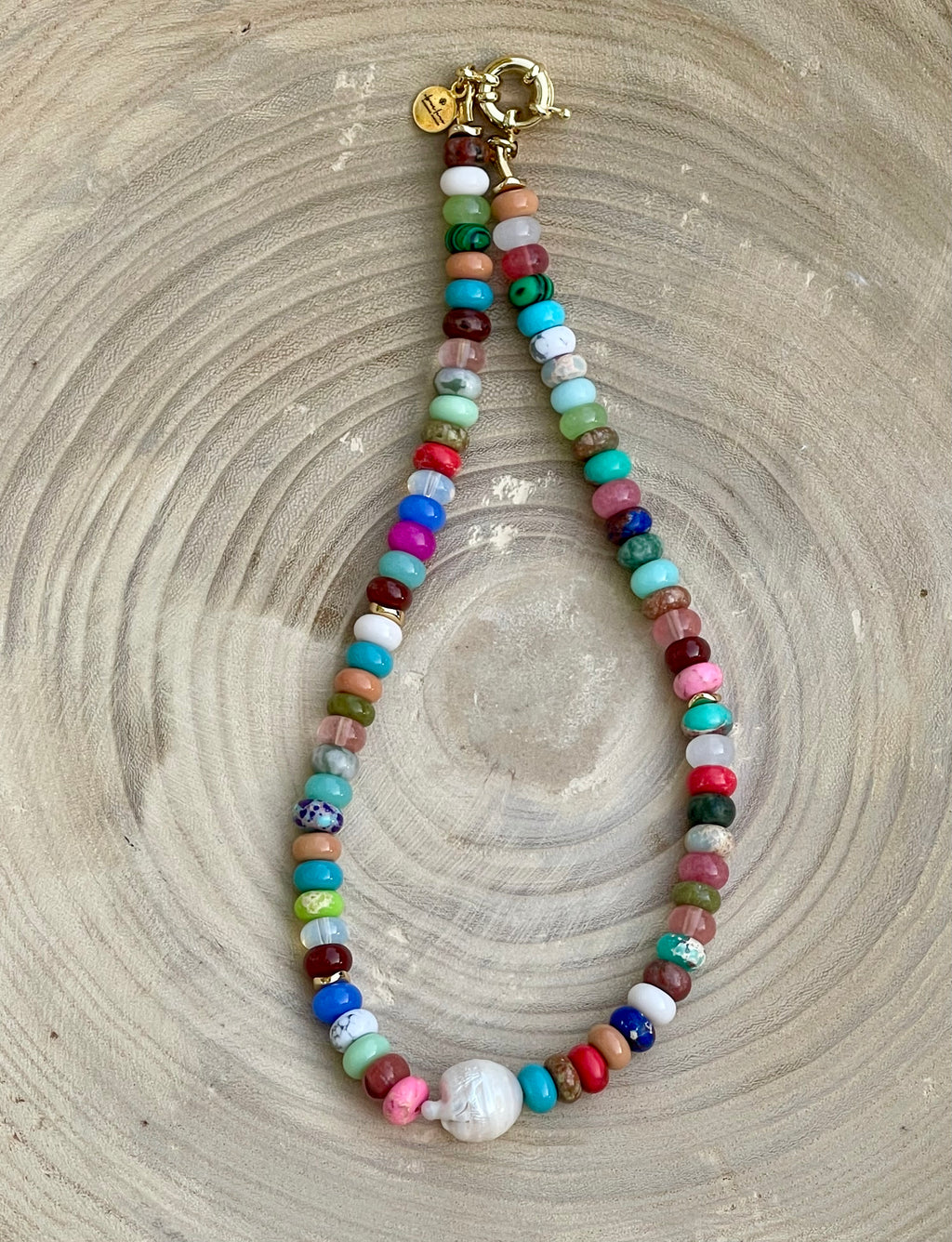 Joie Necklace: Colorful Mix of Natural Gemstones Gold Accent Beads and a Freshwater Baroque Pearl 2 Bead Size Options 6mm or 8mm