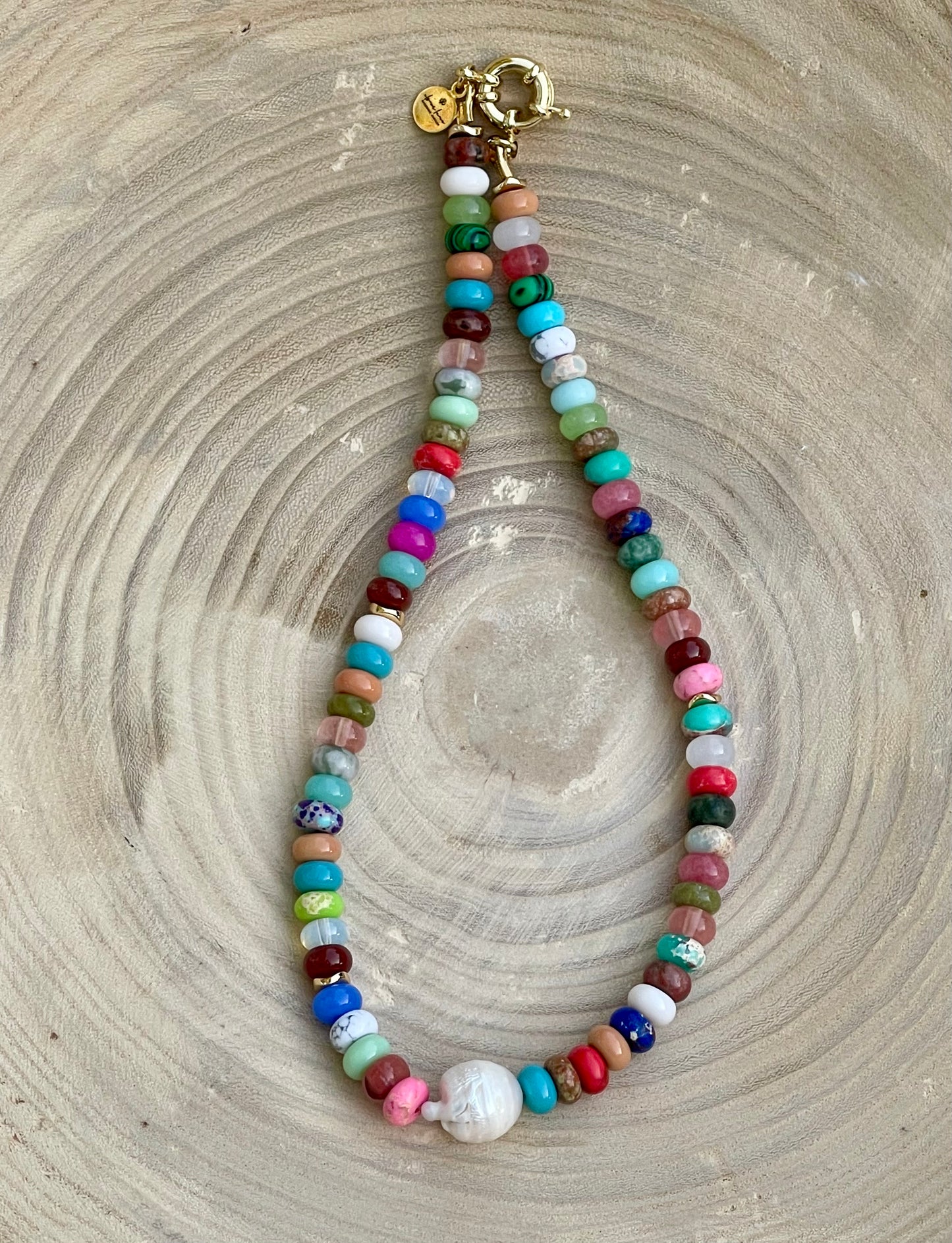 Joie Necklace: Colorful Mix of Natural Gemstones Gold Accent Beads and a Freshwater Baroque Pearl 2 Bead Size Options 6mm or 8mm