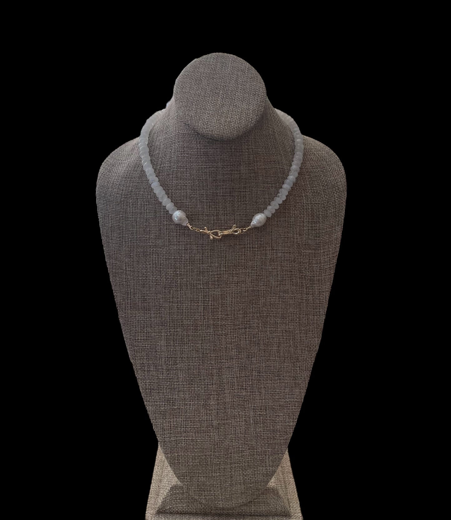 Bijou de Lune Necklace: High quality Moonstone beads, Baroque Pearls and a double bow gold clasp Wear 3 different ways OOAK