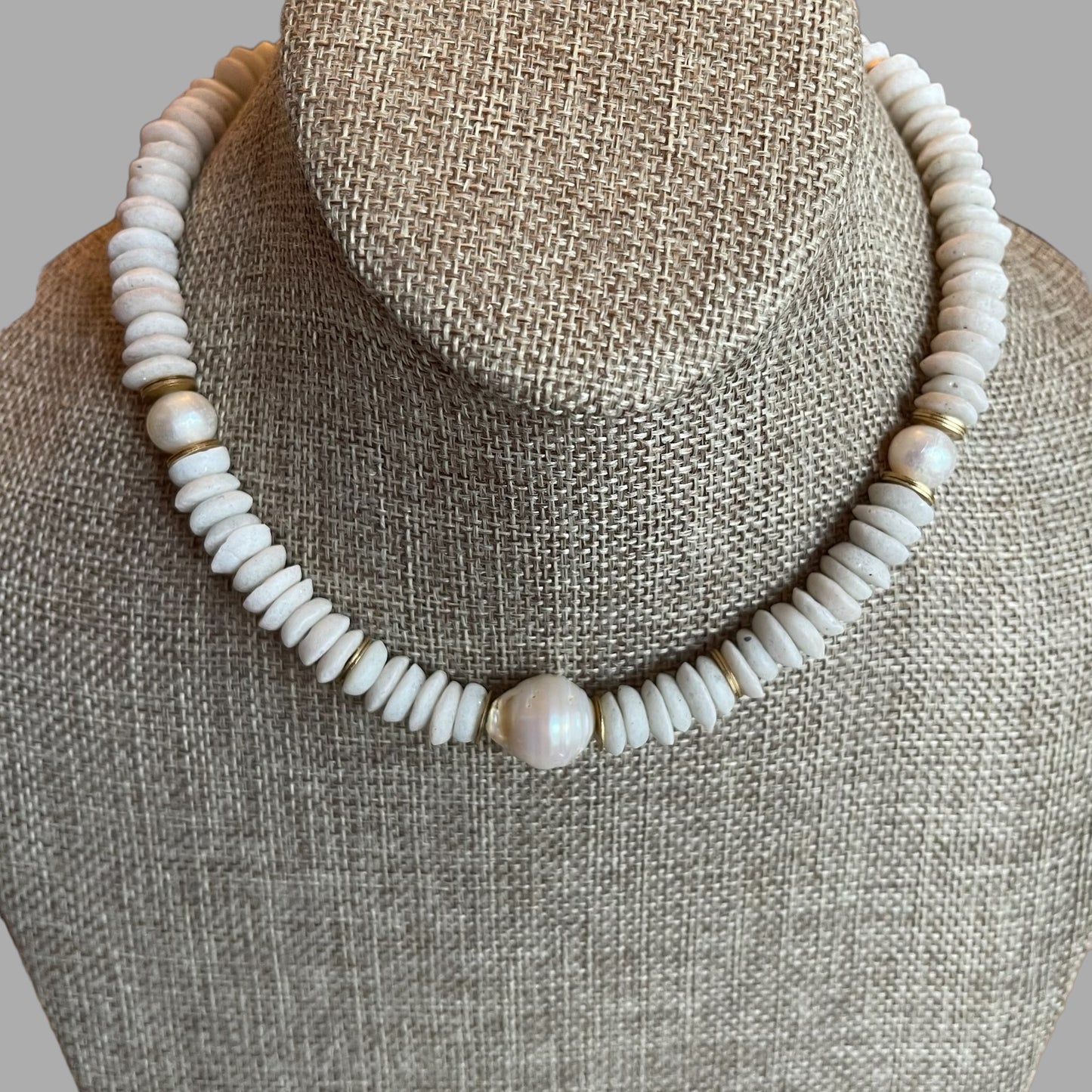 White Sands Necklace: White Ashanti Glass Beads with Baroque Pearls