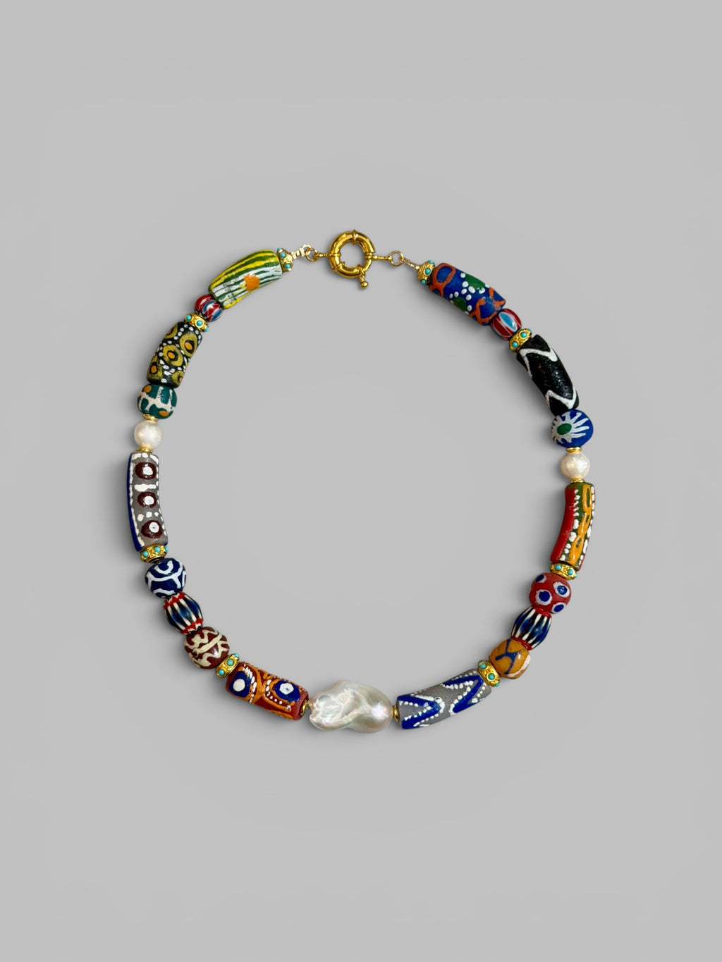The Wanderer: Hand painted glass, Baroque pearls, gold accents OOAK