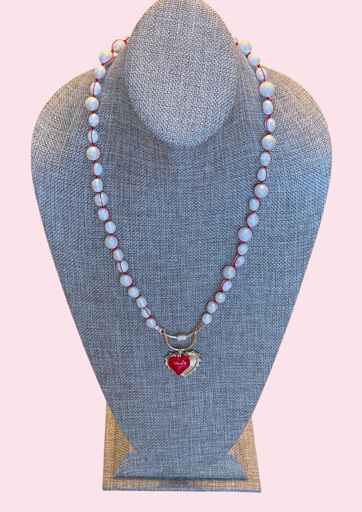 The Heartstrings Necklace: Luminous high quality freshwater pearls hand knotted on red silk w/ gold and red enameled heart charms, pavé accented clasp/charm holder OOAK